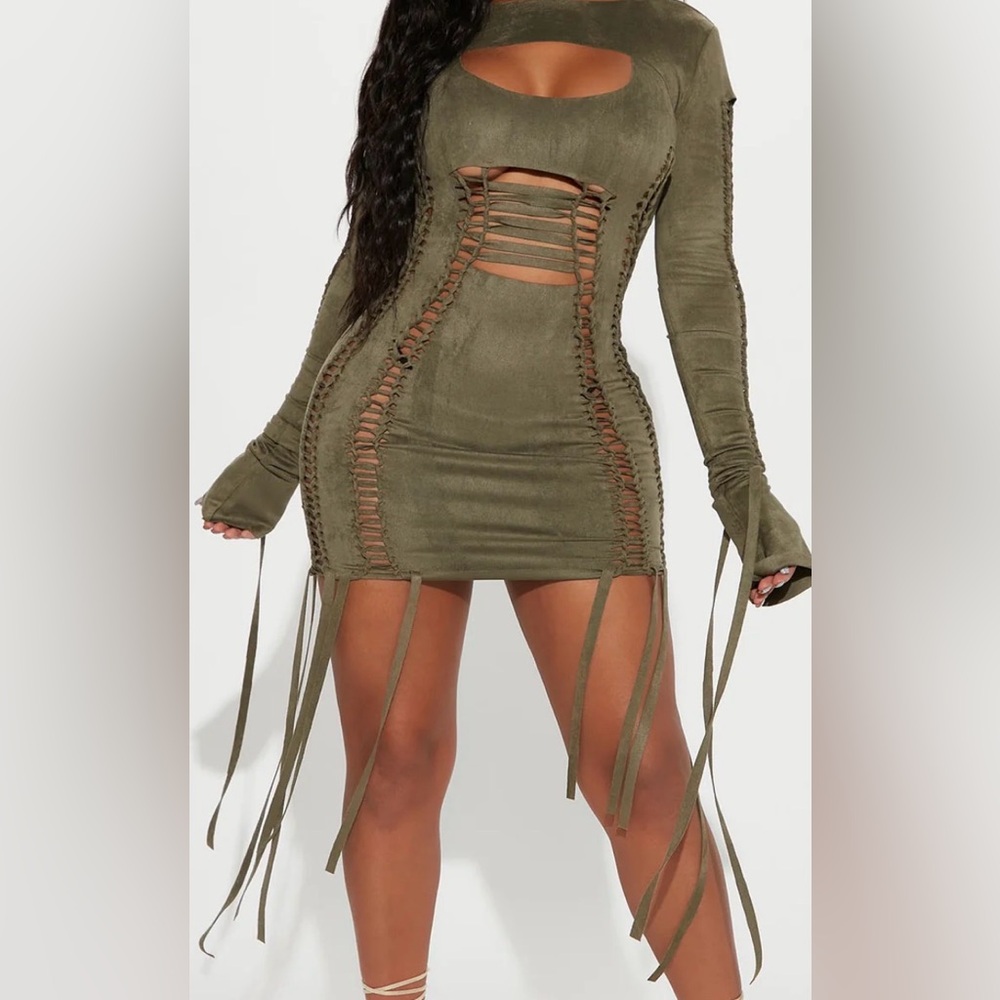 NWT FASHION NOVA Olive Green Cut Out Mini Suede Dress Sz M